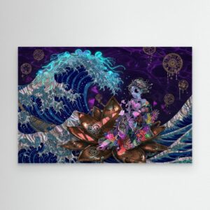 Leinwandbild: Neon-Geisha im kobaltblauen Mahlstrom – Kunstwerk für modernes Wohnen