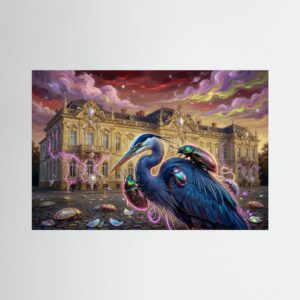 Leinwandbild: Neonfarbene Reiher im barocken Schlossgarten – Kunstwerk für modernes Wohnen
