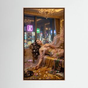 Leinwandbild: Goldene Hülle im Neonmeer – Kunstwerk für modernes Wohnen