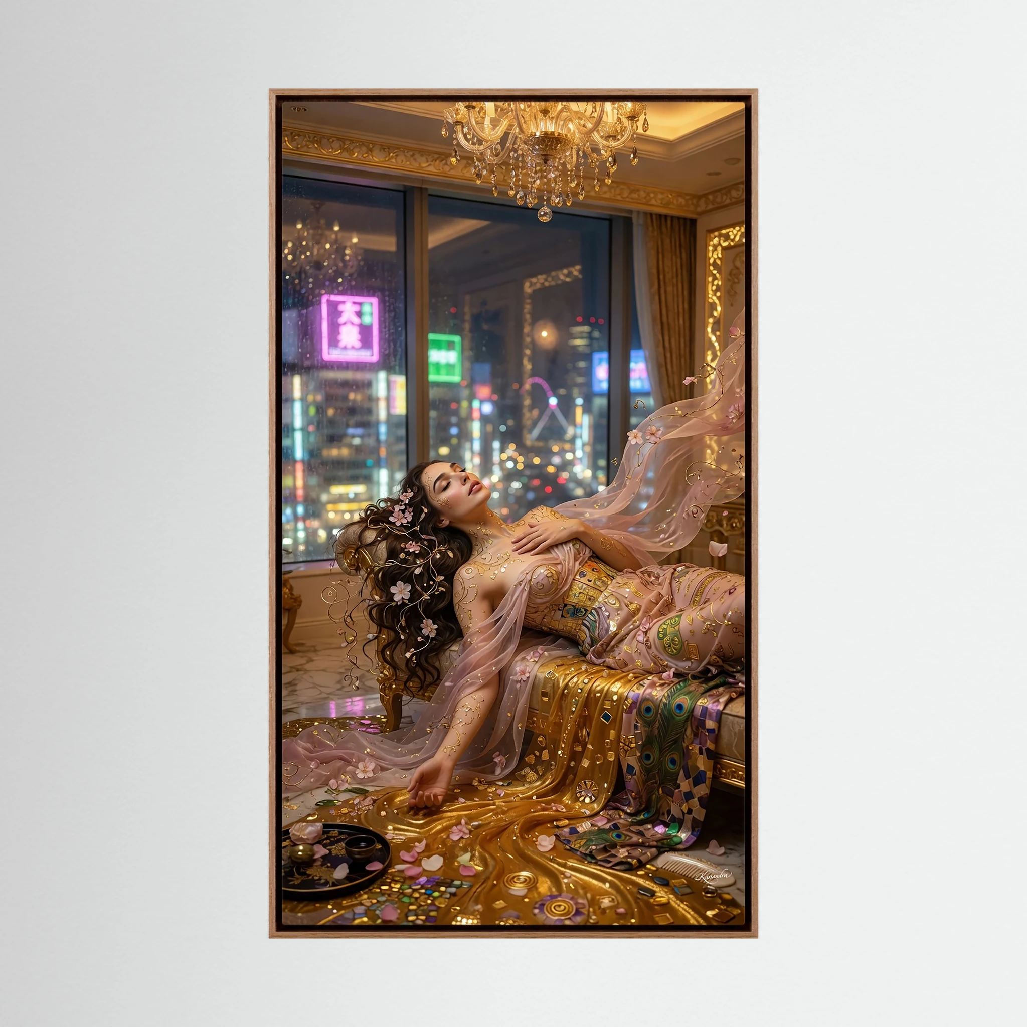 Leinwandbild: Goldene Hülle im Neonmeer – Kunstwerk für modernes Wohnen