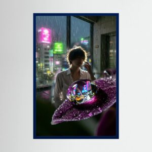 Fine-Art Fotografie: Neonblüte im Tokioter Morgentau – Hochwertiger Kunstdruck